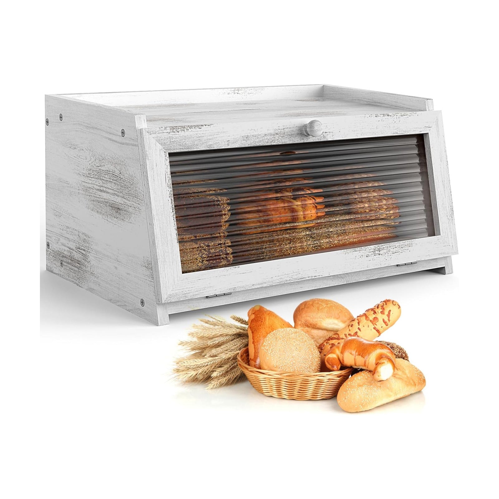 LOHASOK Bread Box for Kitchen Countertop | Wooden,Large, Farmhouse Bread Container Holder Storage, Acrylic translucent