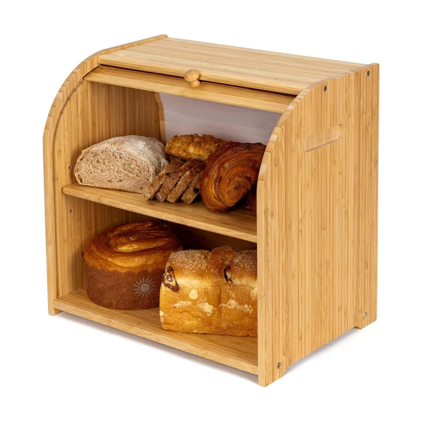 Bamboo Bread Box Roll Top for Kitchen Countertop Breadbox Storage | Roll Top Bread Box with Sliding Lid,Large Double