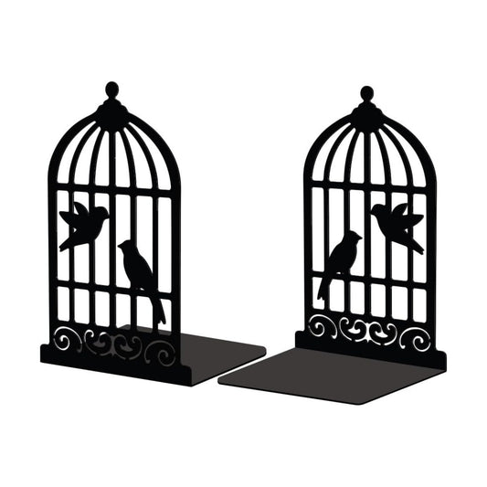 Metal Bookends / Modern Decorative Heavy Duty Study Book Support Stoppers / Birdcage and Bird