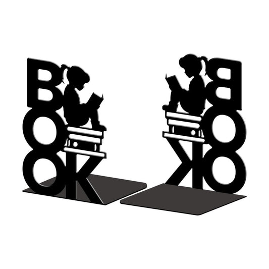 Metal Bookends / Modern Decorative Heavy Duty Study Book Support Stoppers / Book and Reading Girl