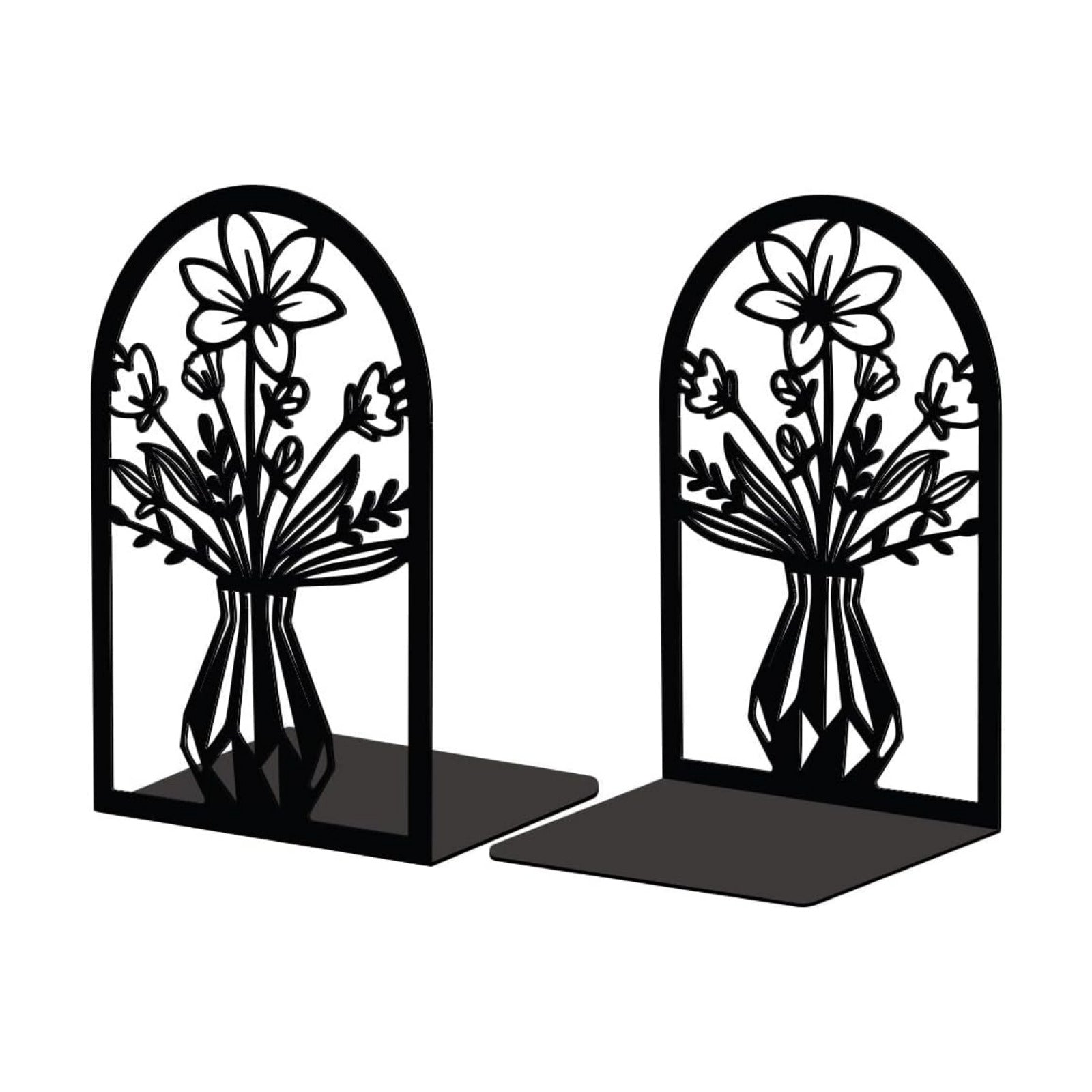 Metal Bookends / Modern Decorative Heavy Duty Study Book Support Stoppers / Vase with Flowers