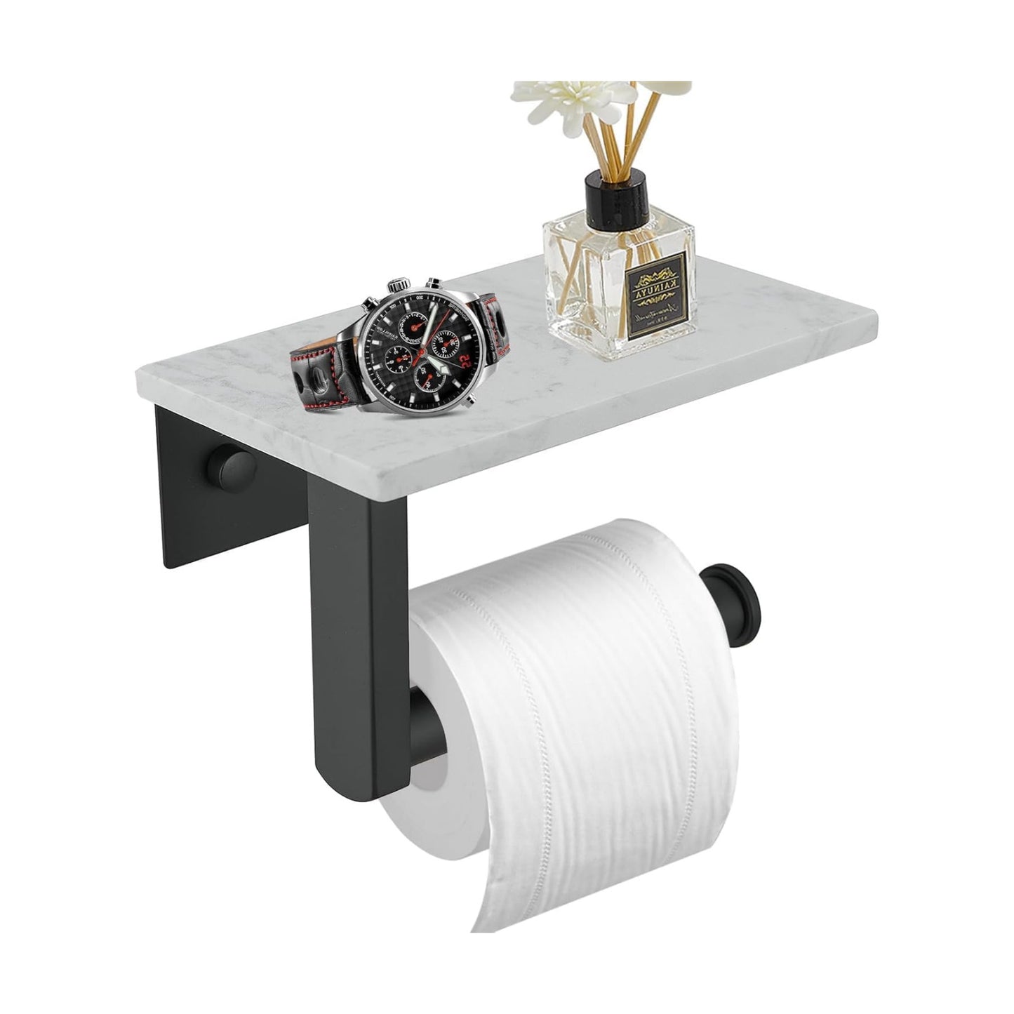 BWE Matte Black Toilet Paper Holder with Marble Shelf Wall Mounted | Toilet Paper Roll Holder with Phone Shelf 304