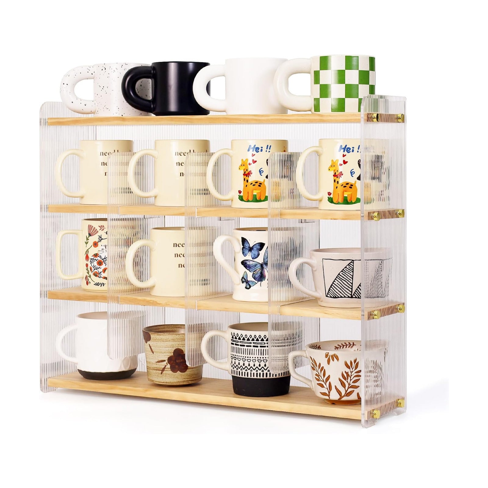 Mug Shelf 4-Tier Walnut Coffee Cup Displays,Kitchen Spice Storage | PMMA Acrylic,Surface Polished Walnut