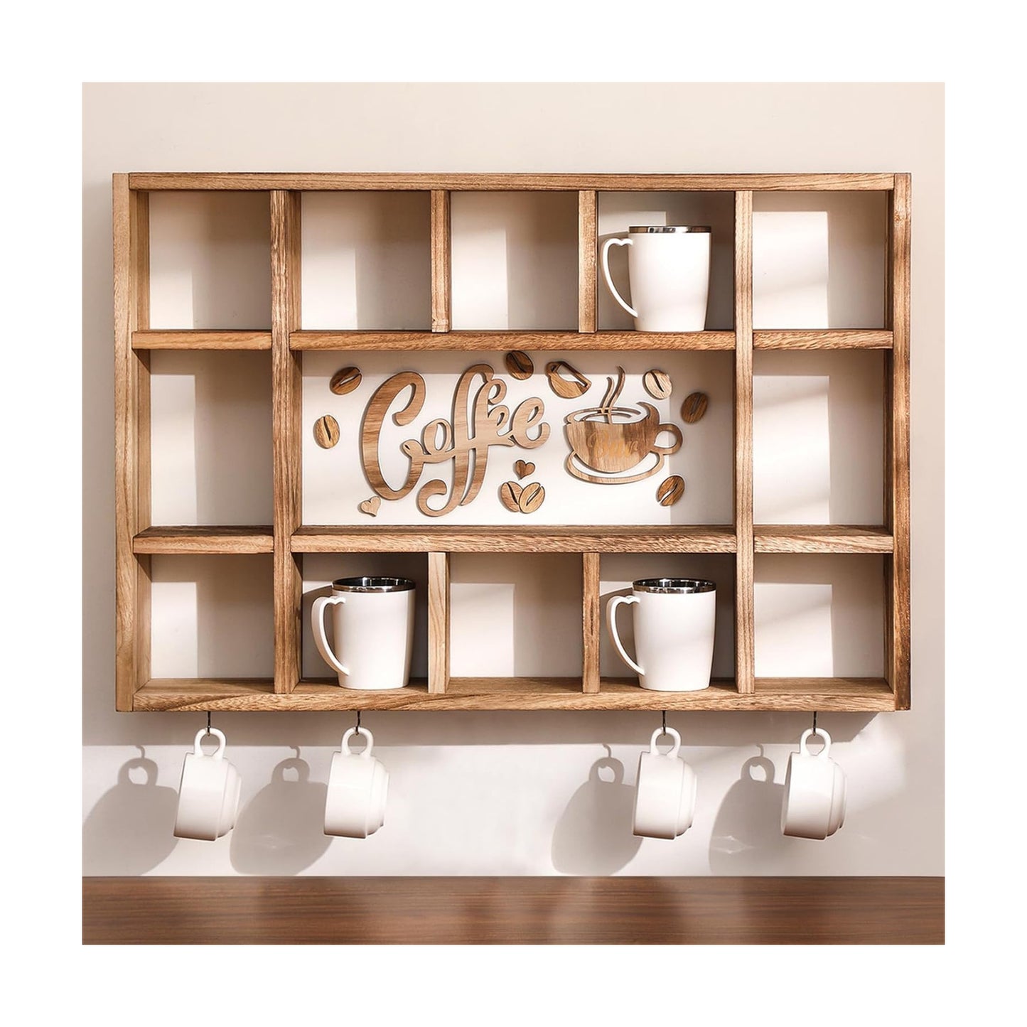 Cinnvoice Oversize Coffee Mug Display Shelf for Wall, Brown | Wood Coffee Mug Rack, Wall Mounted Shelf, Cubes Cup Hooks
