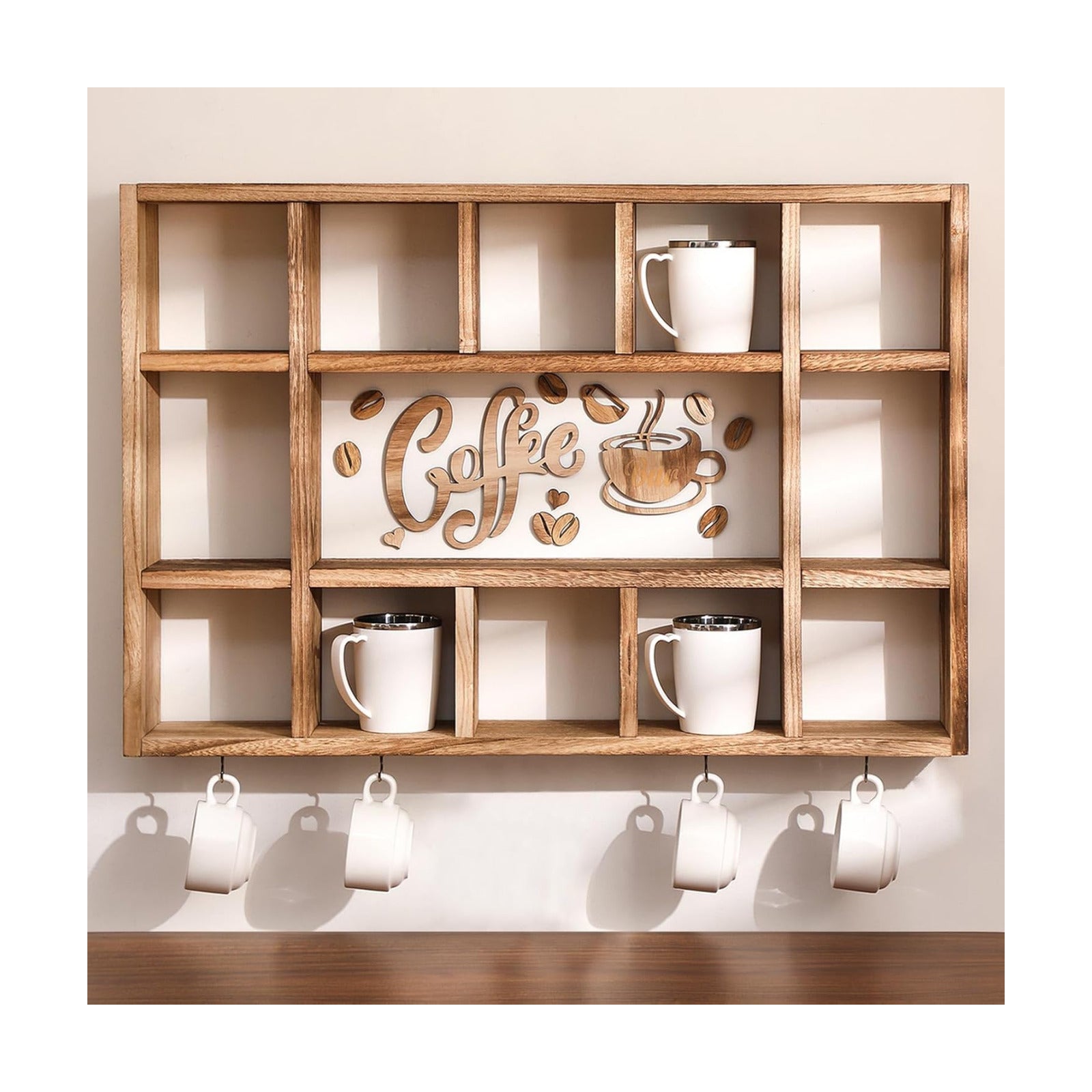 Cinnvoice Oversize Coffee Mug Display Shelf for Wall, Brown | Wood Coffee Mug Rack, Wall Mounted Shelf, Cubes Cup Hooks
