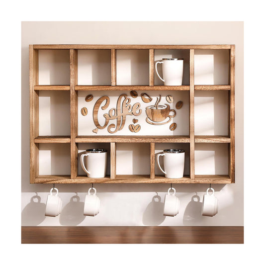 Cinnvoice Oversize Coffee Mug Display Shelf for Wall, Brown | Wood Coffee Mug Rack, Wall Mounted Shelf, Cubes Cup Hooks