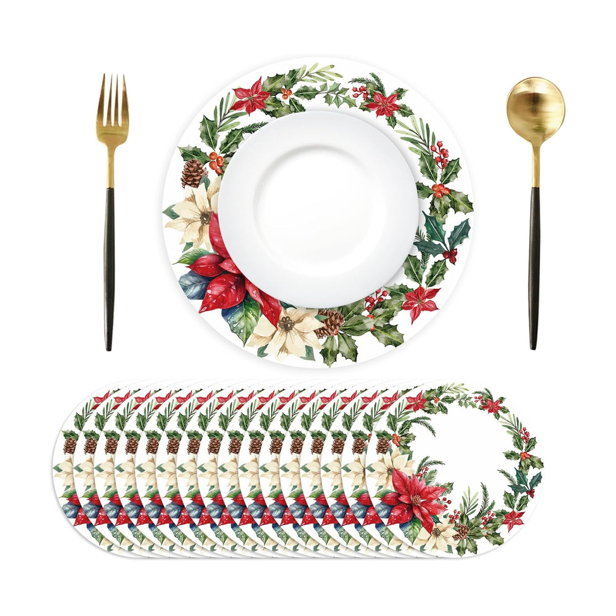 50 Pack Christmas Paper Placemats Disposable Poinsettia Place Mats 13.4 Inch Red Green Christmas Flower Decorative Round Table Mats for Xmas Winter Birthday Wedding Baby Shower Party Supplies