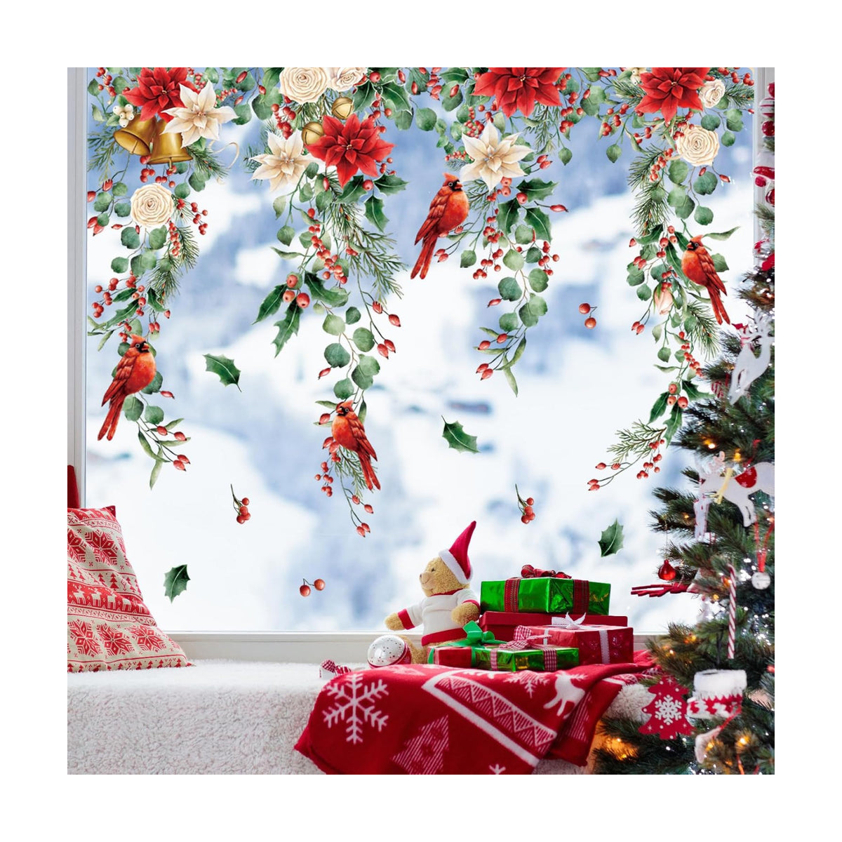Whaline 9 Sheets Christmas Floral Window Cling Stickers Hanging Poinsettia Flowers Eucalyptus Leaves Reusable Window Decals for Xmas Winter Party Home Office Classroom Decoration