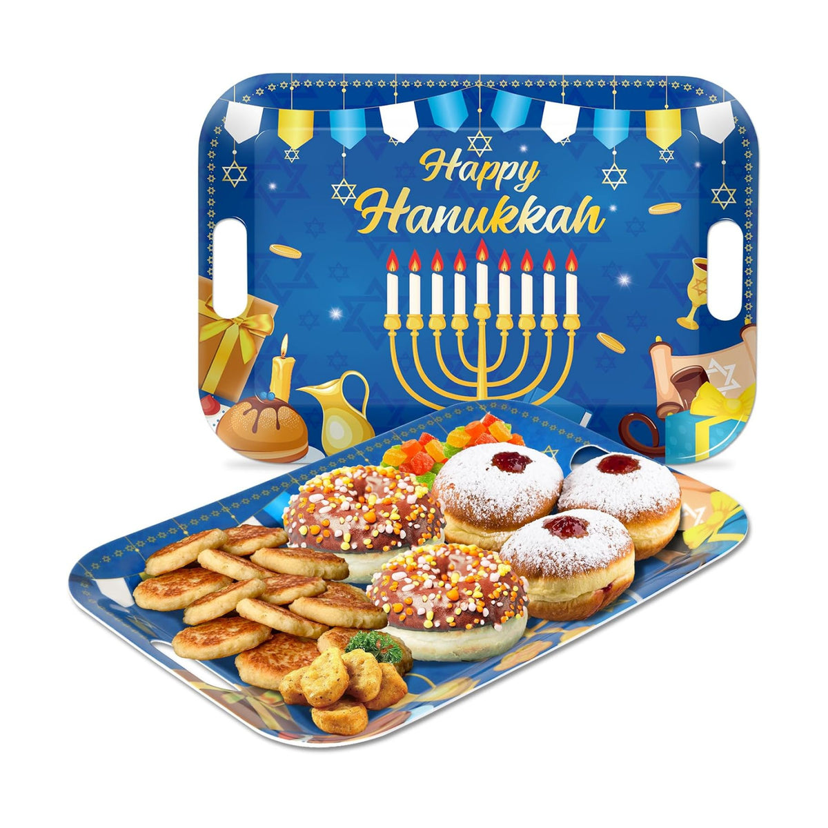 gisgfim 2Pcs Happy Hanukkah Serving Trays with Handles 16 x 11 Inch Large Melamine Tray Rectangular Jewish Chanukah Serving Platter Menorah Blue White Tray Melamine Dishes for Serving Dinner Dessert