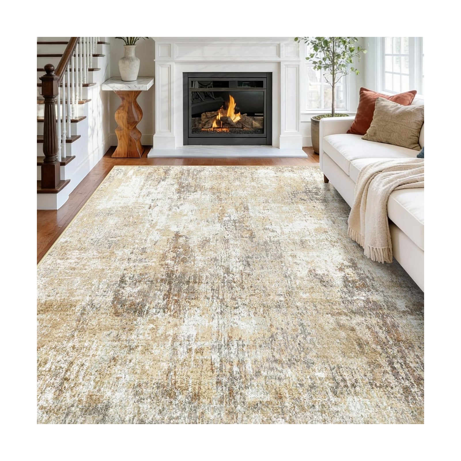 RELEANY Washable 8'x10' Abstract Area Rug for Living Room Neutral Brown