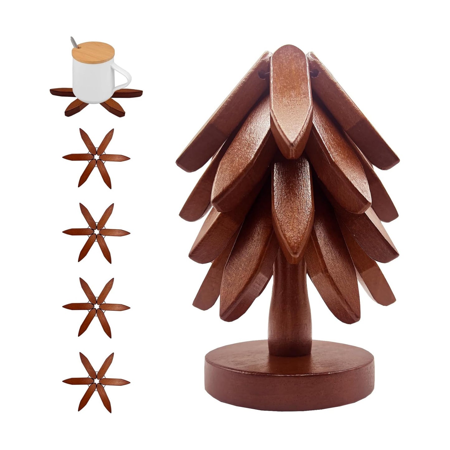 4 Wooden Trivets + 1 Stand / Walnut Wood