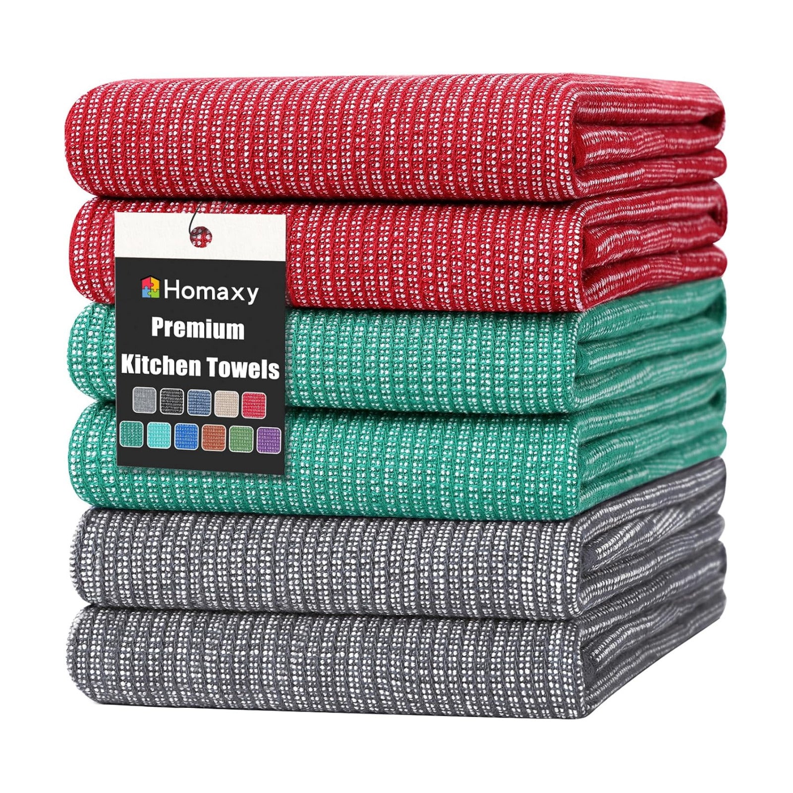 Homaxy 380 GSM Cotton Premium Kitchen Towels 6 Pack, 18"x 28", Mix | Flat and Terry Dish Towels, Highly Absorbent Tea