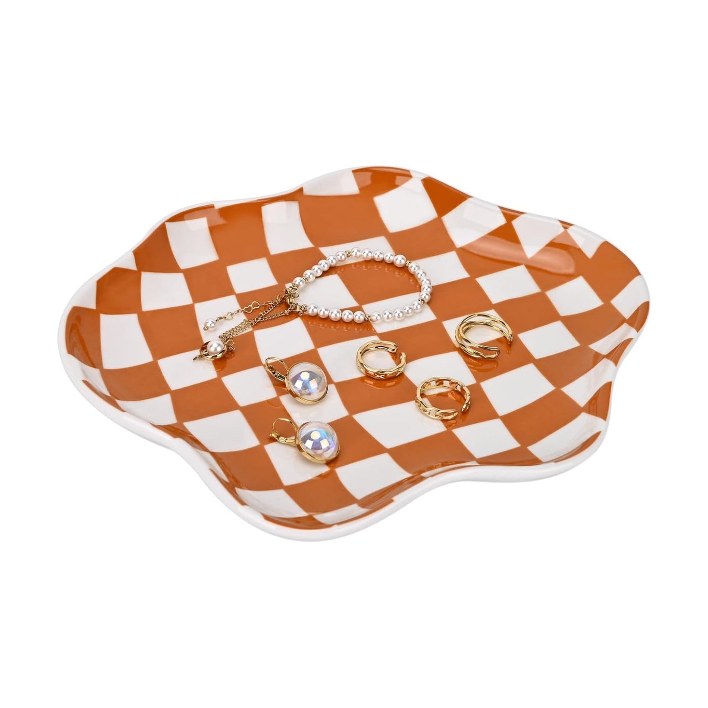 Ceramic Jewelry Dish Trinket Tray Organizer / Brown Plaid
