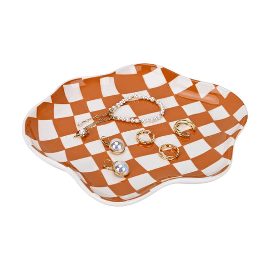Ceramic Jewelry Dish Trinket Tray Organizer / Brown Plaid