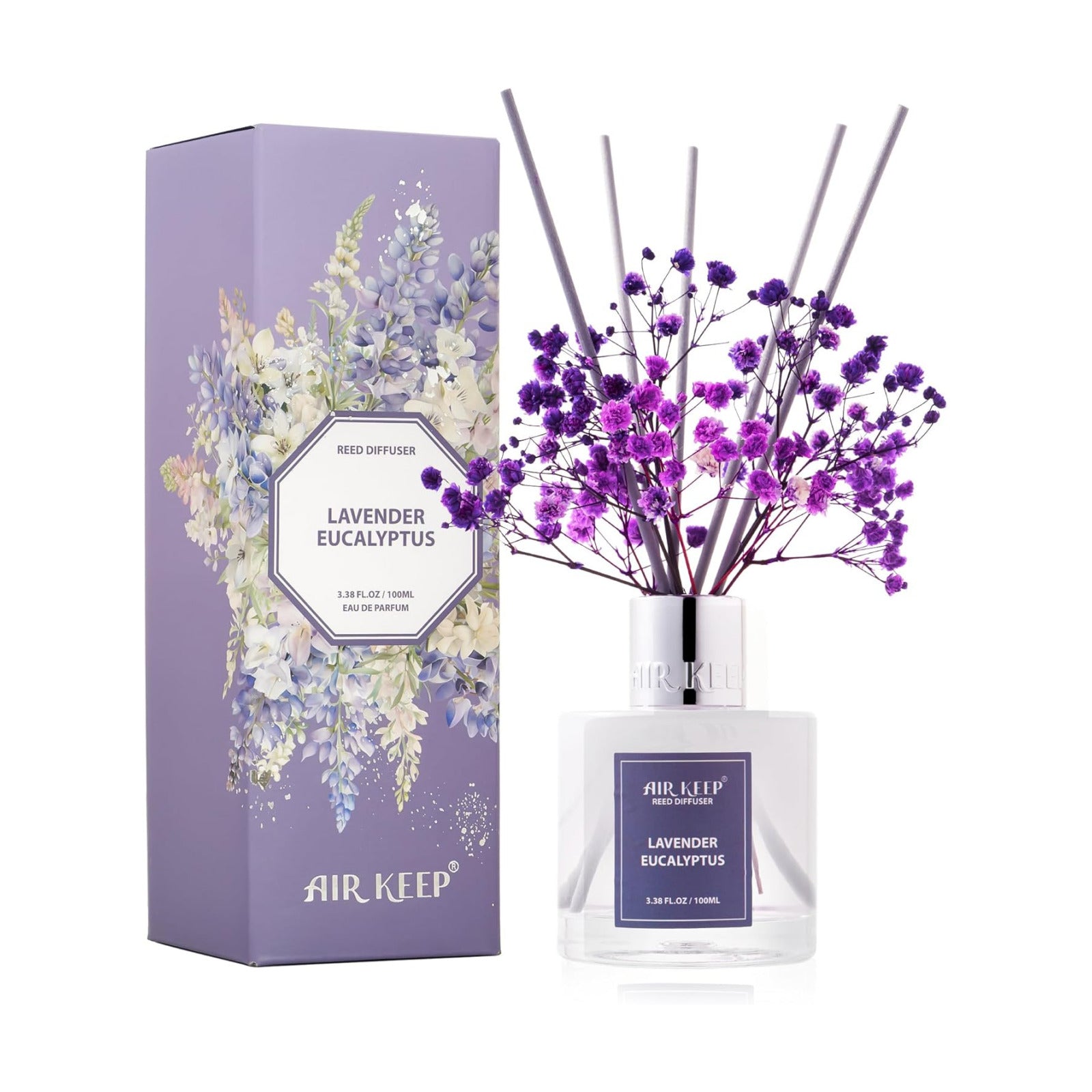 Airkeep Reed Diffuser Set,3.38 fl oz (100 ml) - Lavender Eucalyptus Oil Diffusers with 8 Reed Sticks, Home Fragrance