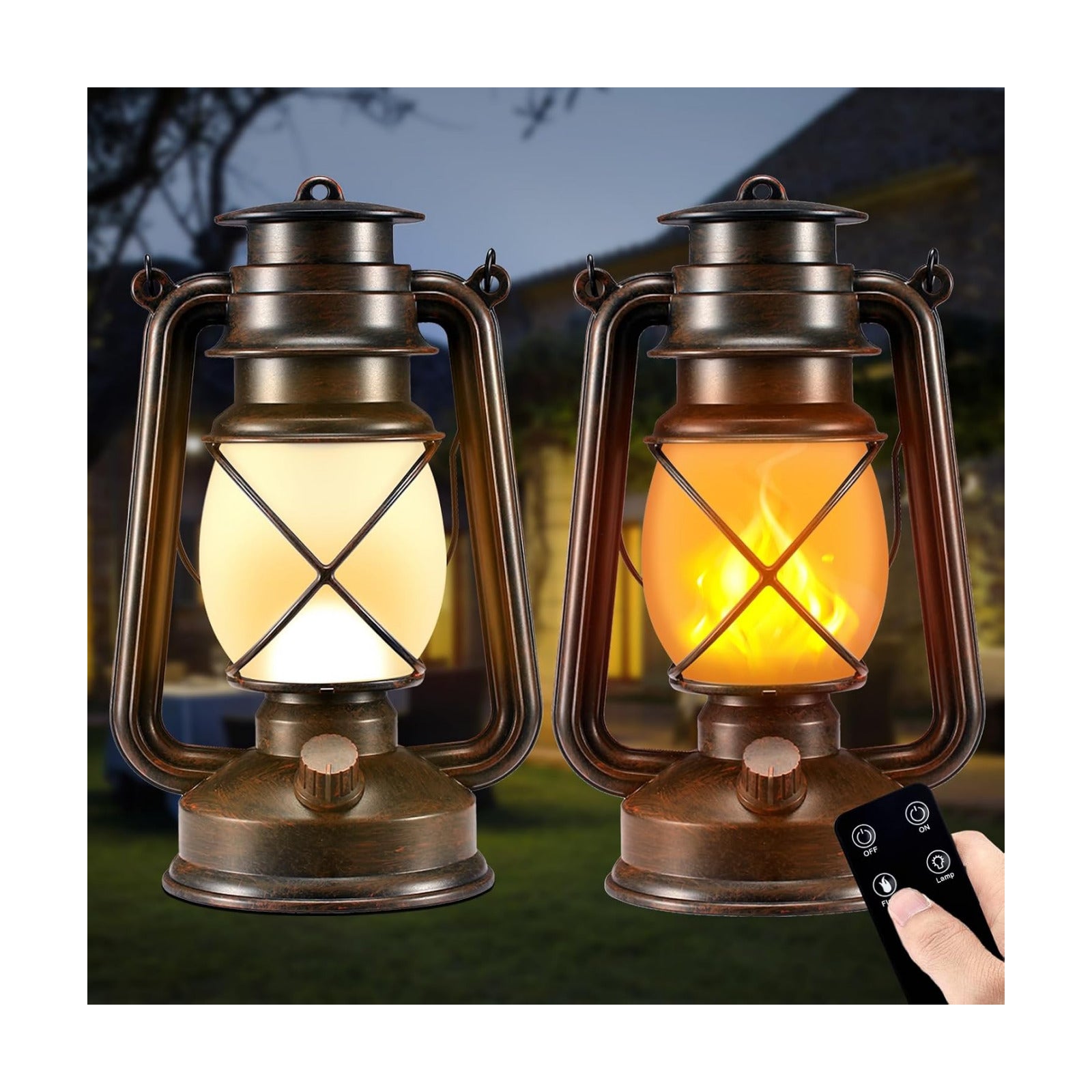 2 Pack Battery-Powered LED Bronze Vintage Lanterns with Remote Control | 2 Lighting Modes, Outdoor Lights with Dancing