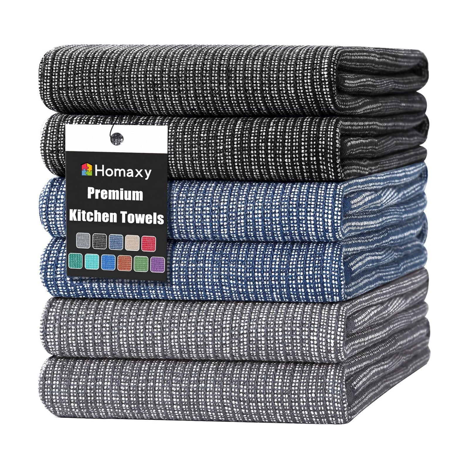 Homaxy 380 GSM Cotton Premium Kitchen Towels 6 Pack, 18"x 28", Mix | Flat and Terry Dish Towels, Highly Absorbent Tea