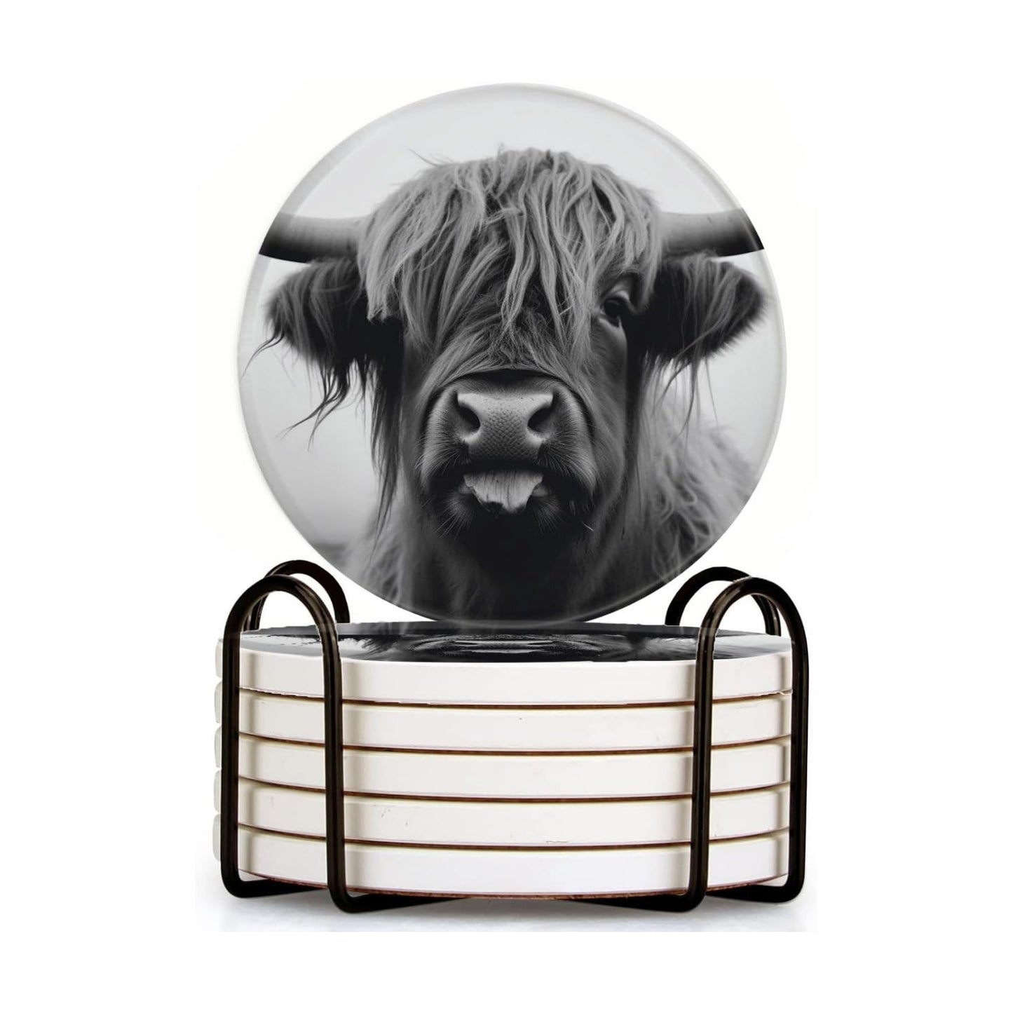 Holder / Ceramic Drink Coasters / 4 Inch / Elegant Cow / Black