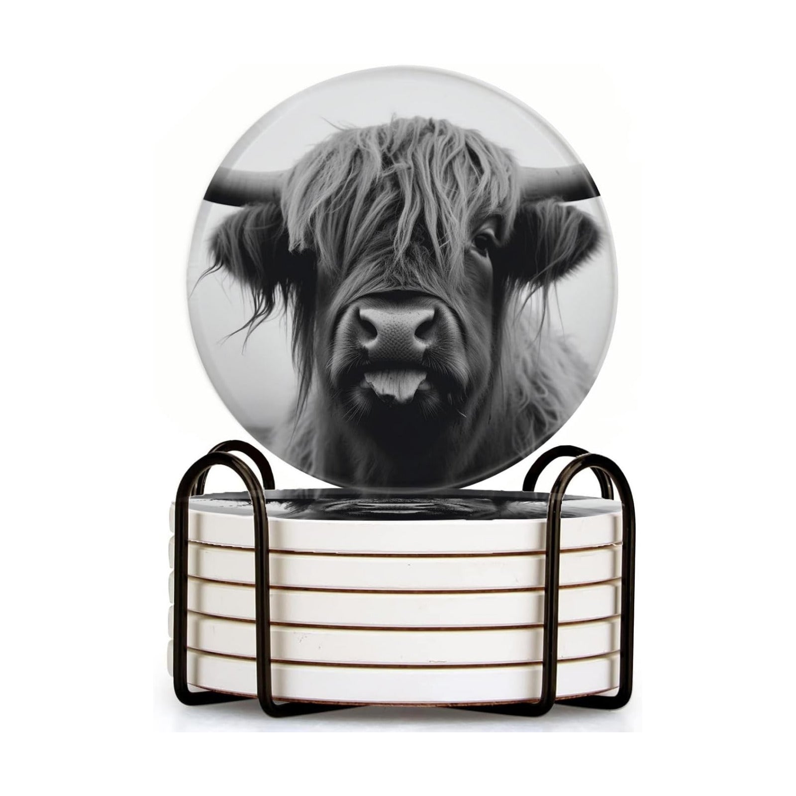 Holder / Ceramic Drink Coasters / 4 Inch / Elegant Cow / Black