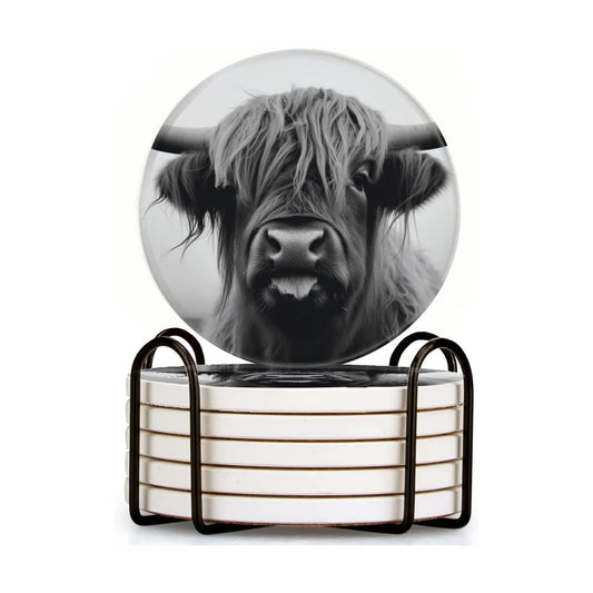 Holder / Ceramic Drink Coasters / 4 Inch / Elegant Cow / Black
