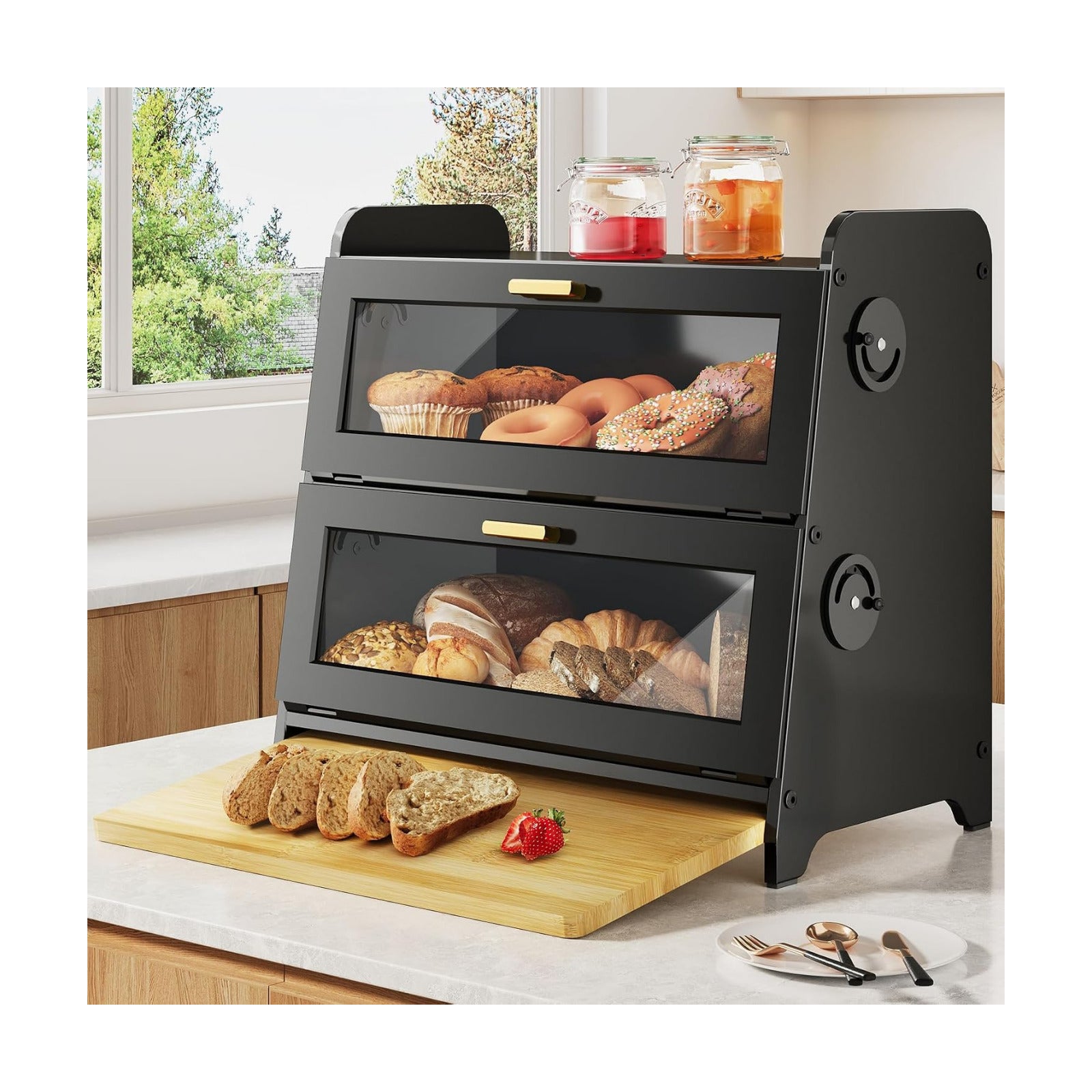 SNTD 2 Tier Bread Box for Kitchen Countertop, Adjustable Ventilation, Black | Bamboo Cutting Board, Airtight Design