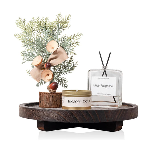 Round Decorative Tray Wood Bathroom Counter Organizer Farmhouse Kitchen / Dark Brown / Set of 8