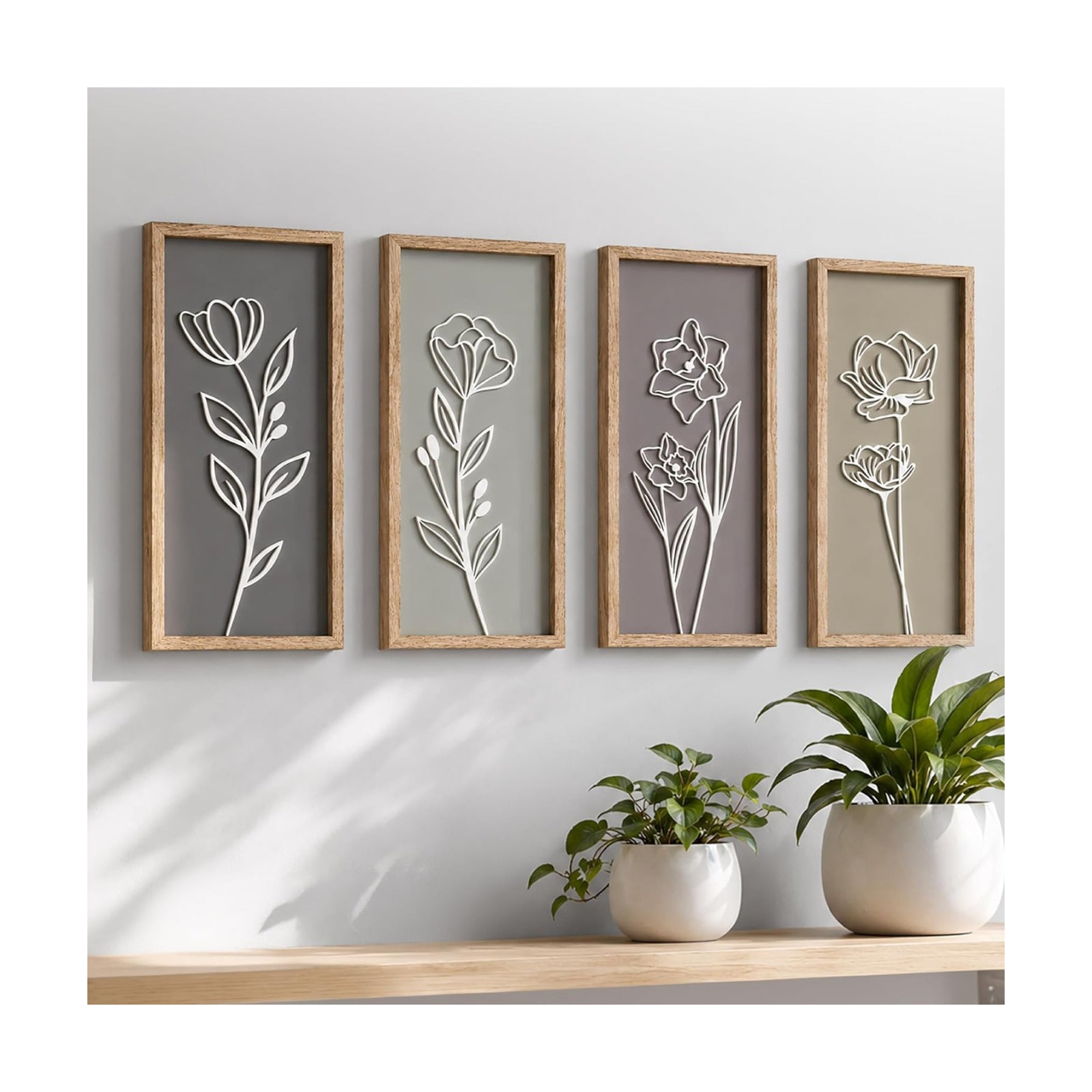 3D Wooden Floral Bathroom Wall Decor Lightweight / 7 x 16 / Naturals / Set of 4