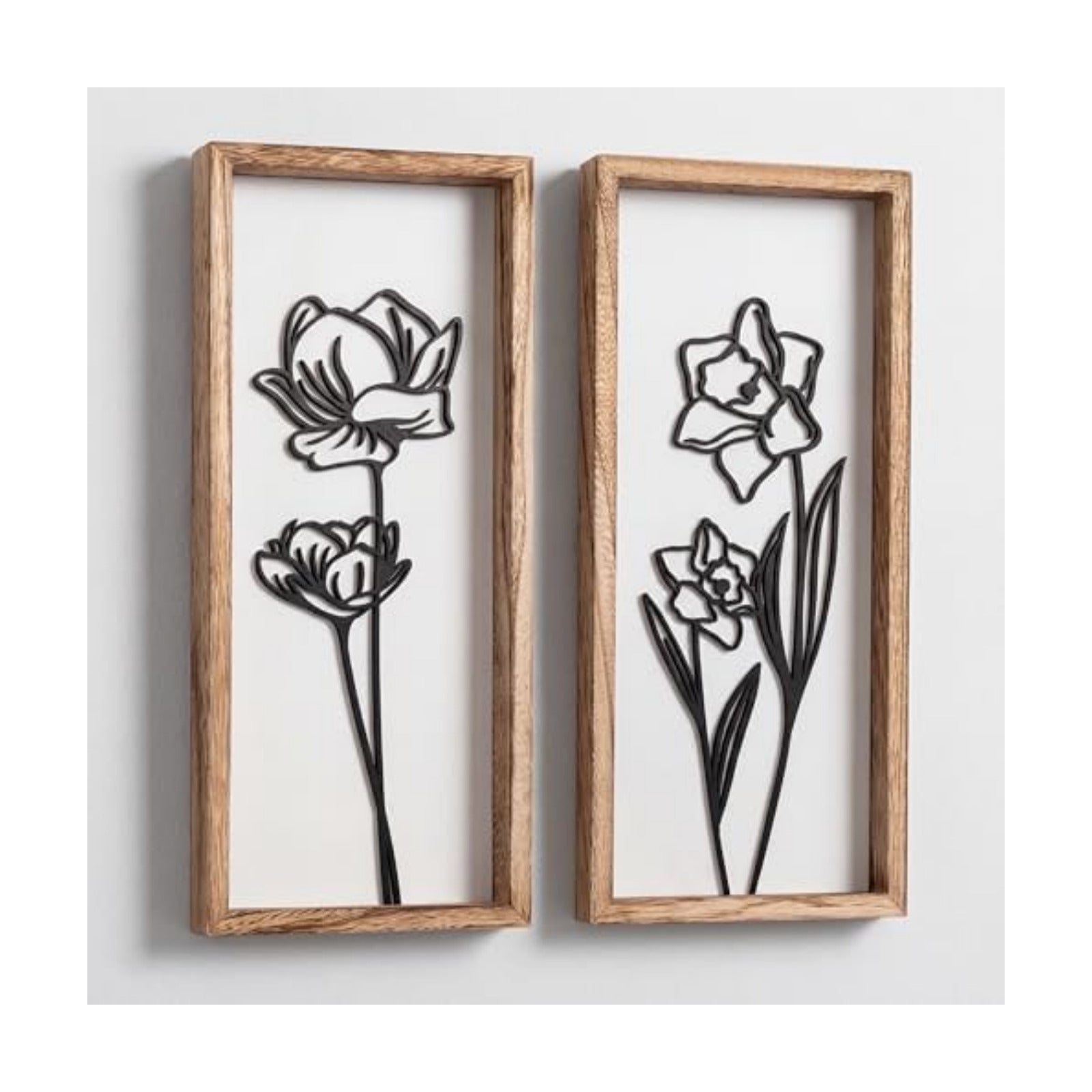 3D Black and White Wall Art (Set of 2) Lightweight, Wooden Ready-to-Hang Framed Floral Wall Art for Bathroom, Bedroom