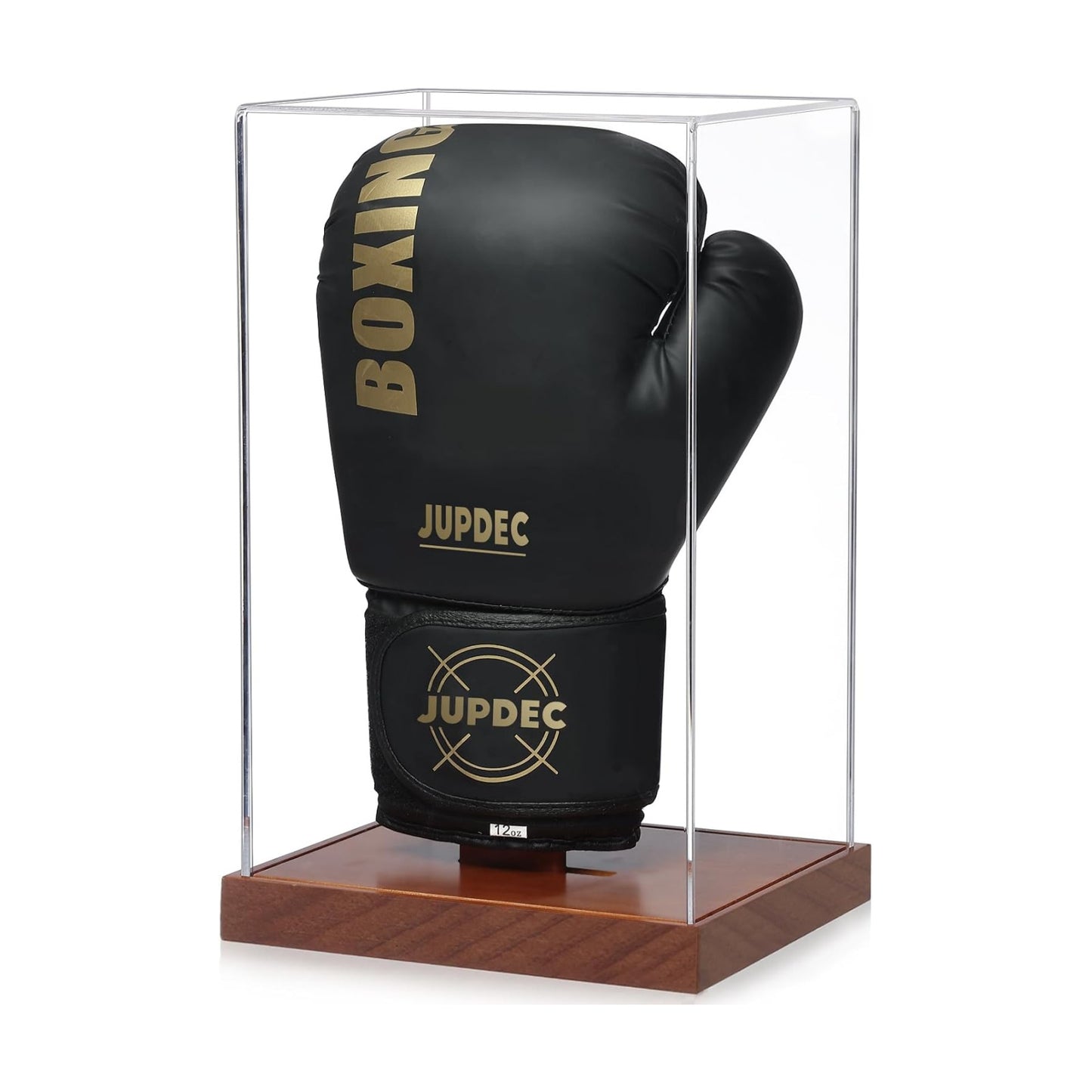 Boxing Glove Display Case, Clear Acrylic Showcase with Wood Base & Plank for Single Glove, Full Size UV Protection