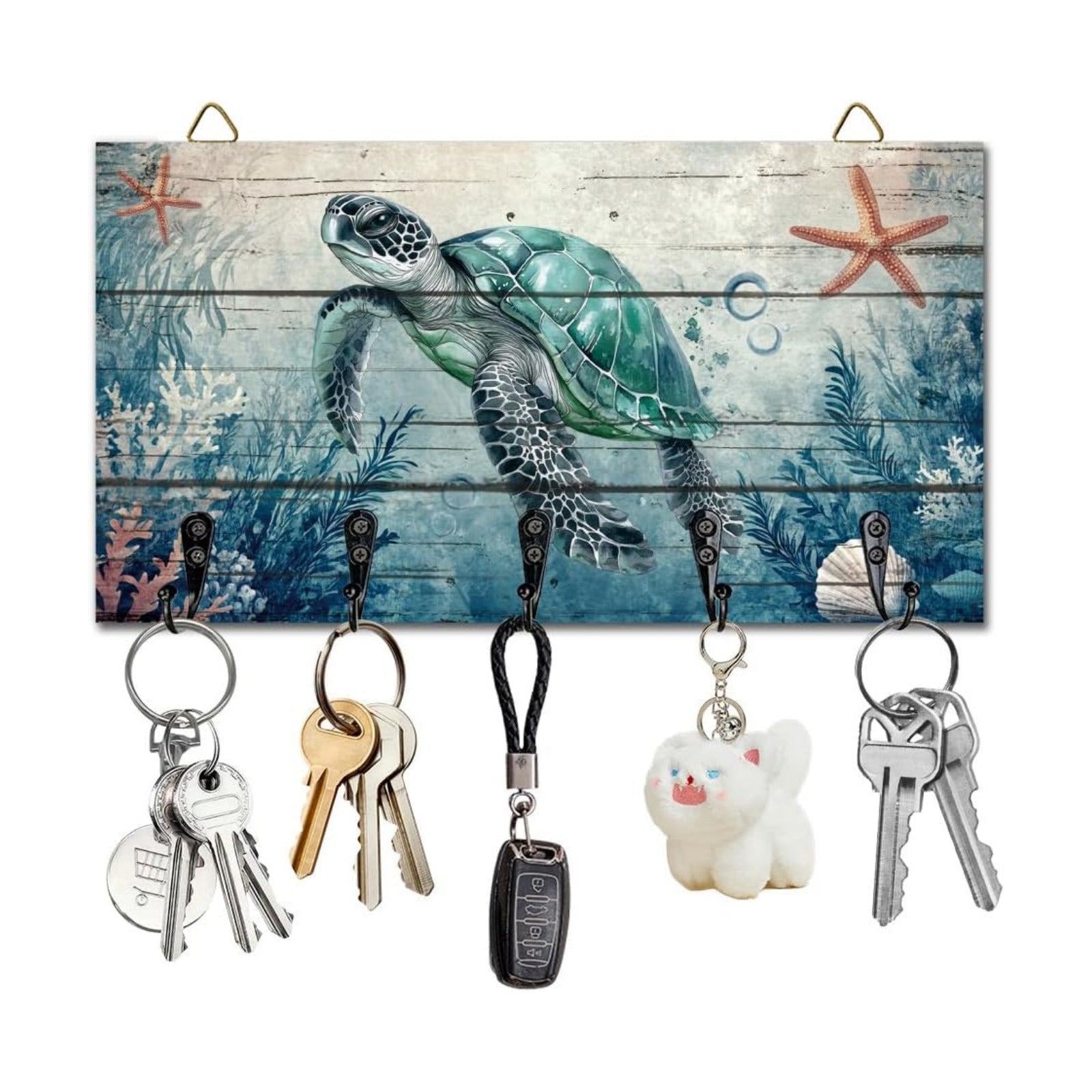 Sea Turtle Ocean Key Holder Key Hooks Organizer Hanger Rack Wall Mounted Wooden Key Rack