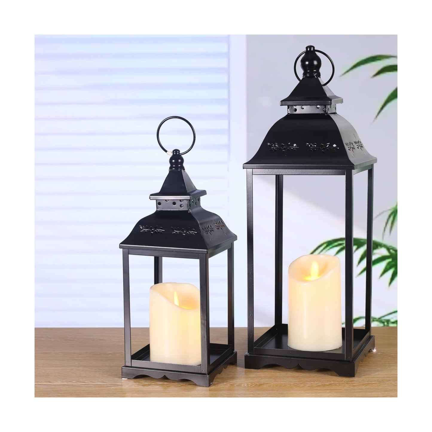 Decorative Candle Lanterns Set of 2, Black Metal for Indoor & Outdoor | Ideal For Porch, Entryway, Wedding & Christmas
