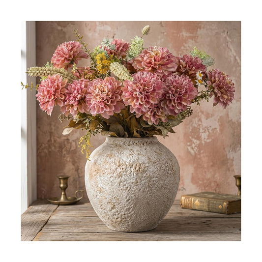 Ceramic Decorative Flower Vase " Textured Round Rustic Pottery Vintage Large / White / 8.27 x 8.66