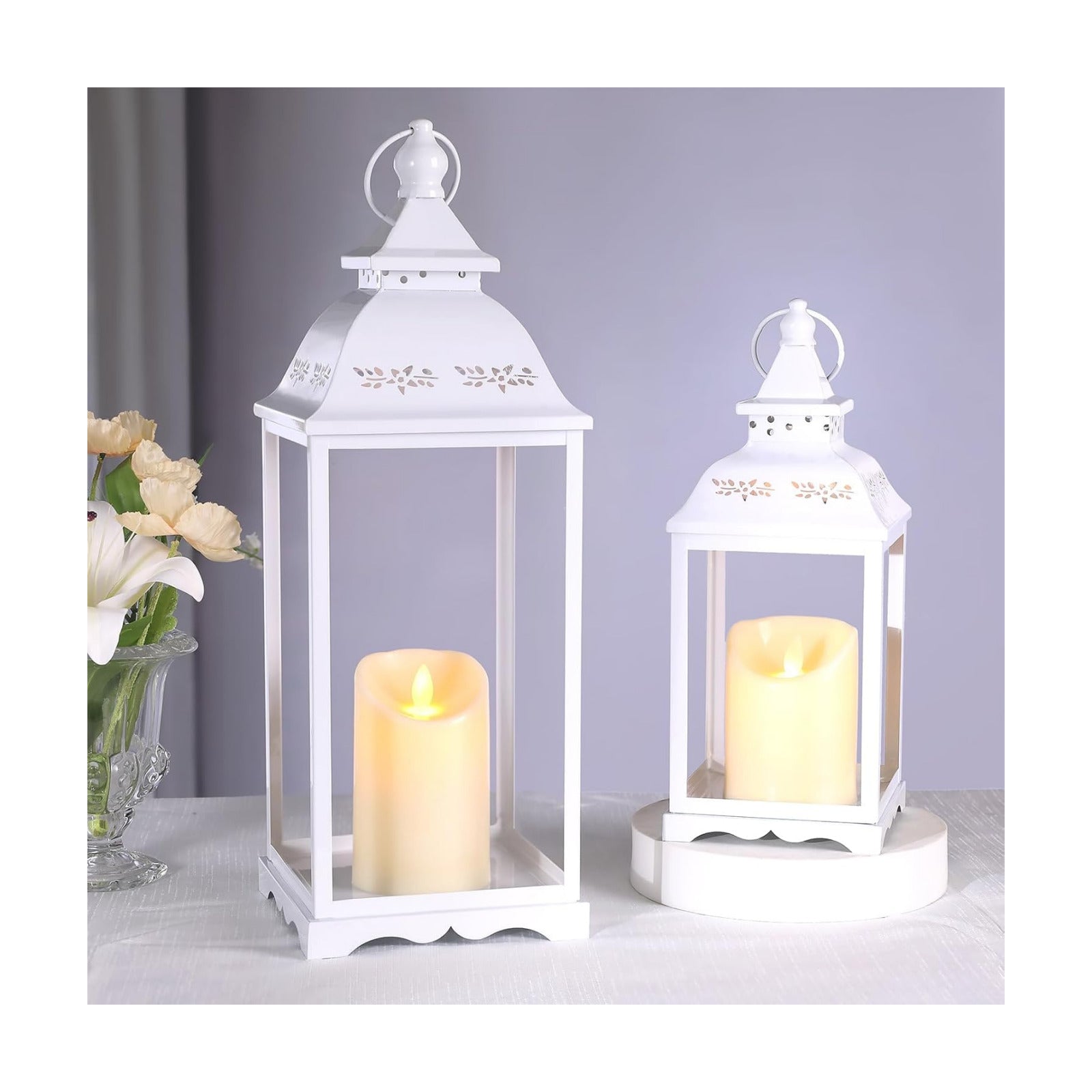 Decorative Candle Lanterns Set of 2, White Metal for Indoor & Outdoor | Ideal For Porch, Entryway, Wedding & Christmas