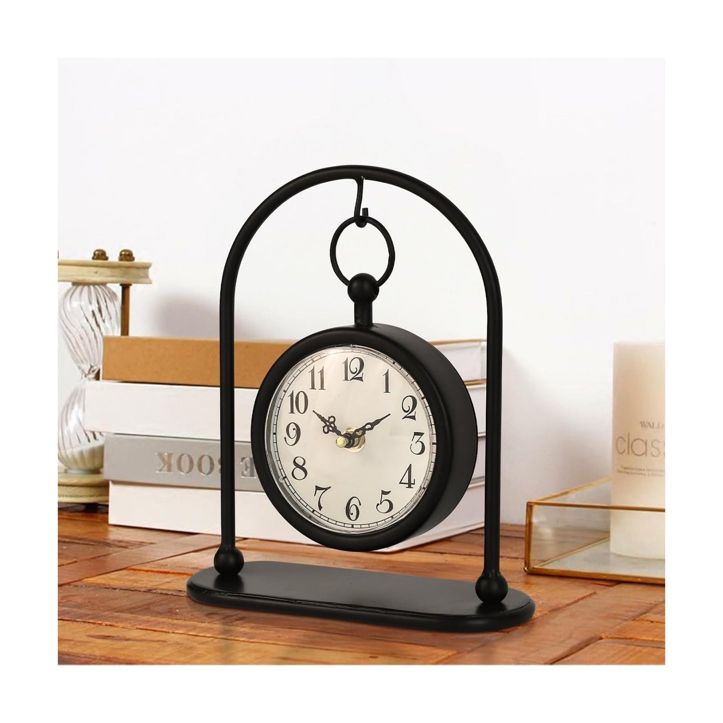 Vintage Metal Table Clock, Farmhouse Table Clock, Small Black Silent Non-Ticking Battery Operated Desk and Shelf Clocks