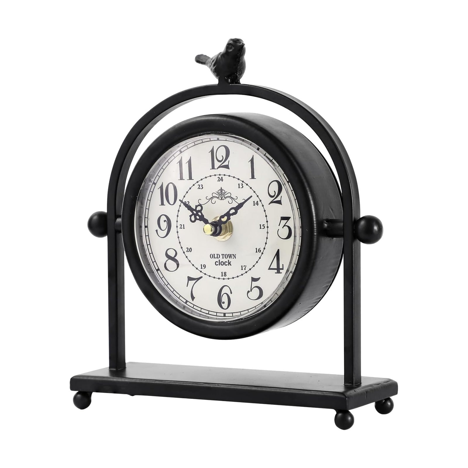 Vintage Farmhouse Table Clock with Bird Topper, Silent Non-Ticking Mantel Clock with Closable Back Cover, Black Iron