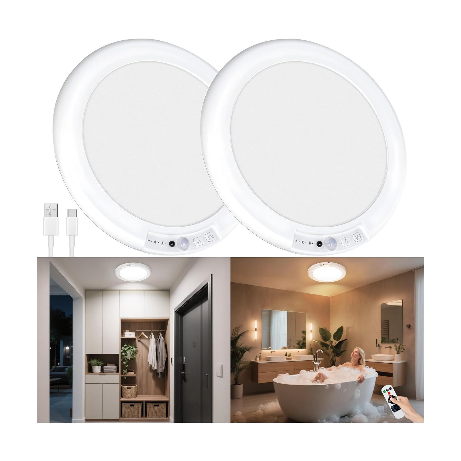maylit 2 Pack Rechargeable Ceiling Lights with Motion Sensor | Wireless Battery-operated Lighting for Closets
