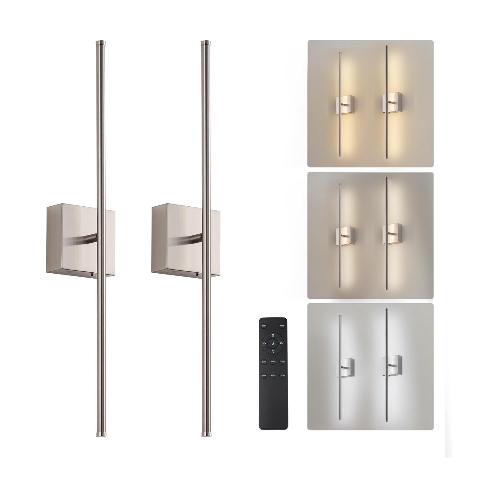 KARTOOSH Battery Operated Wall Sconces Set of 2 Wireless,28.3 Inch Nickel | Battery Removable, 3000-6000K, Stepless