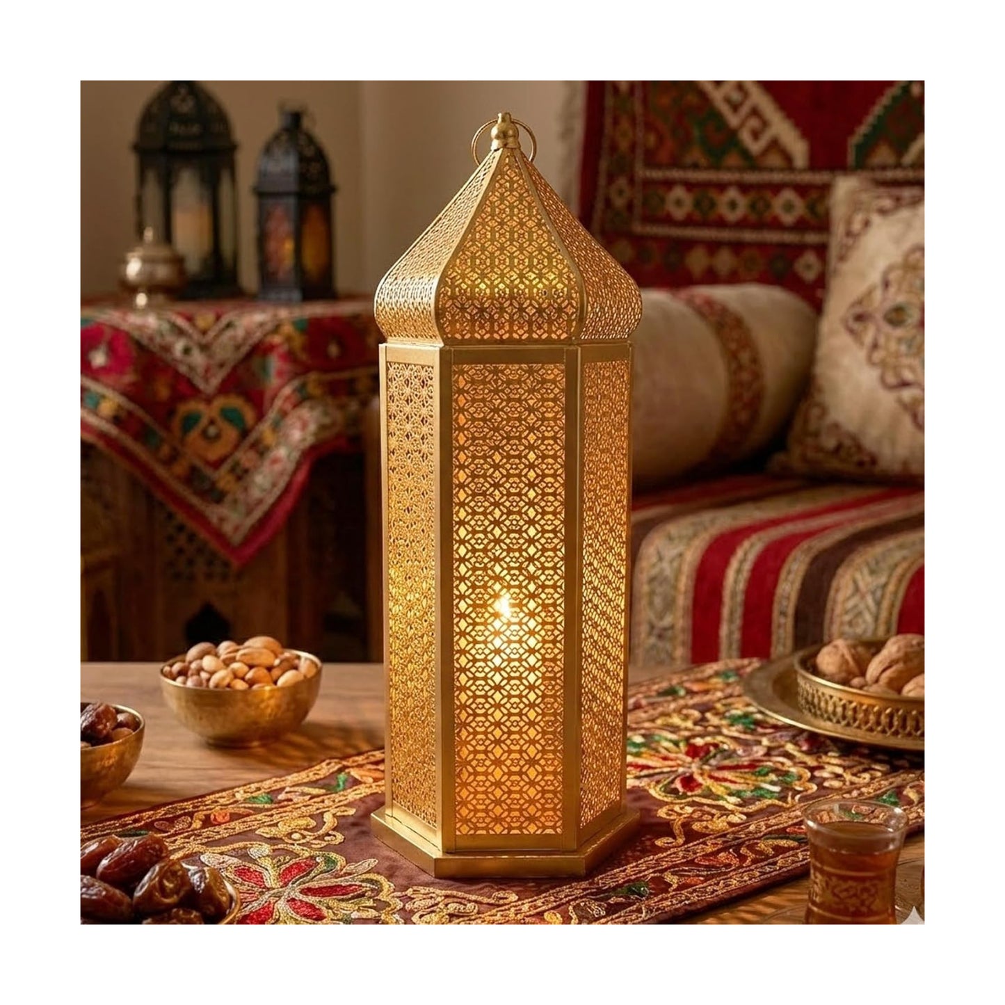 Vela Lanterns Decorative Indoor Gold Moroccan Floor Lantern, Extra Large | Big Moroccan Candle Holder Lamp, Golden