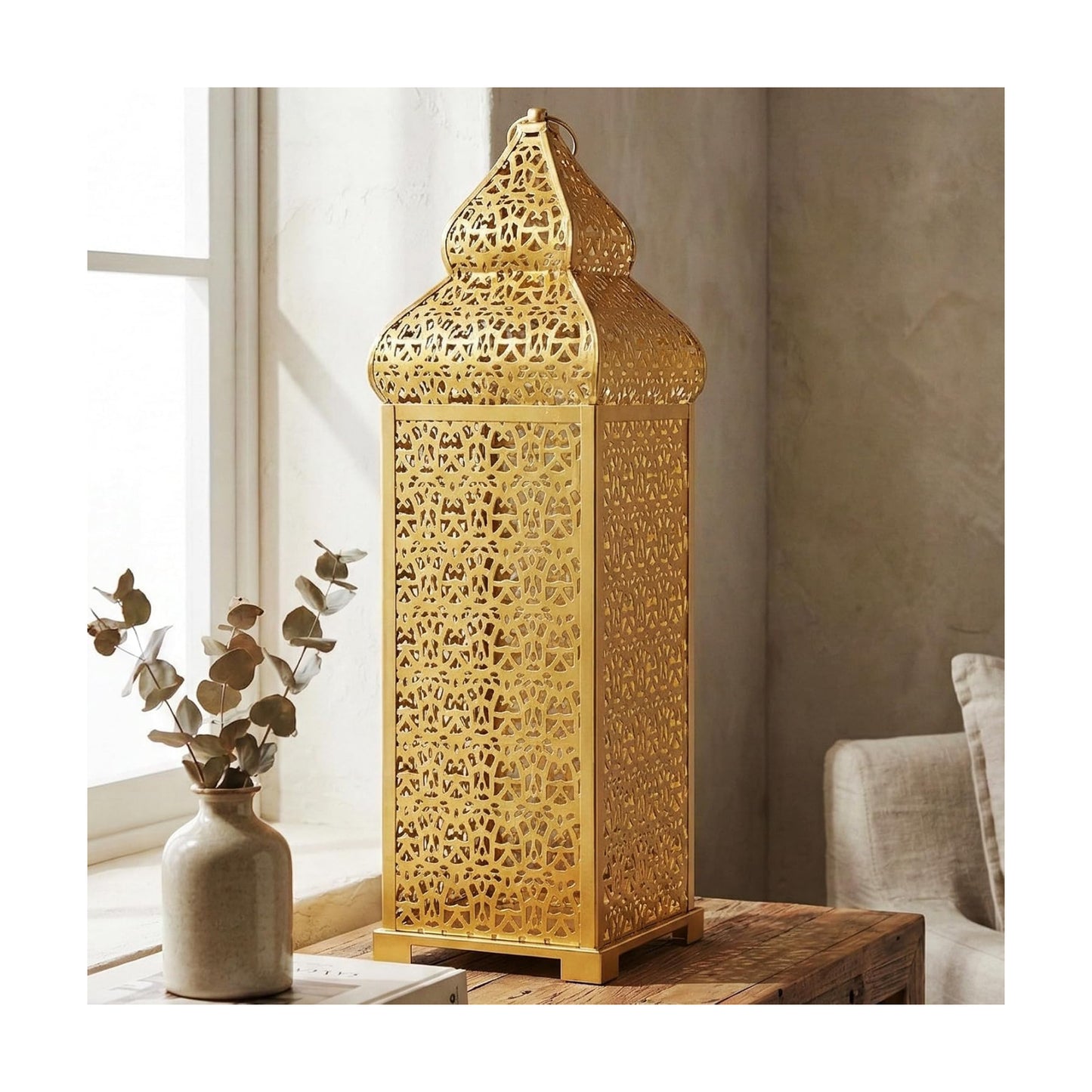 Vela Lanterns Decorative Indoor Tall Moroccan Floor Candle Holder, Gold, XL | Ramadan Decorations for Home, Extra Large