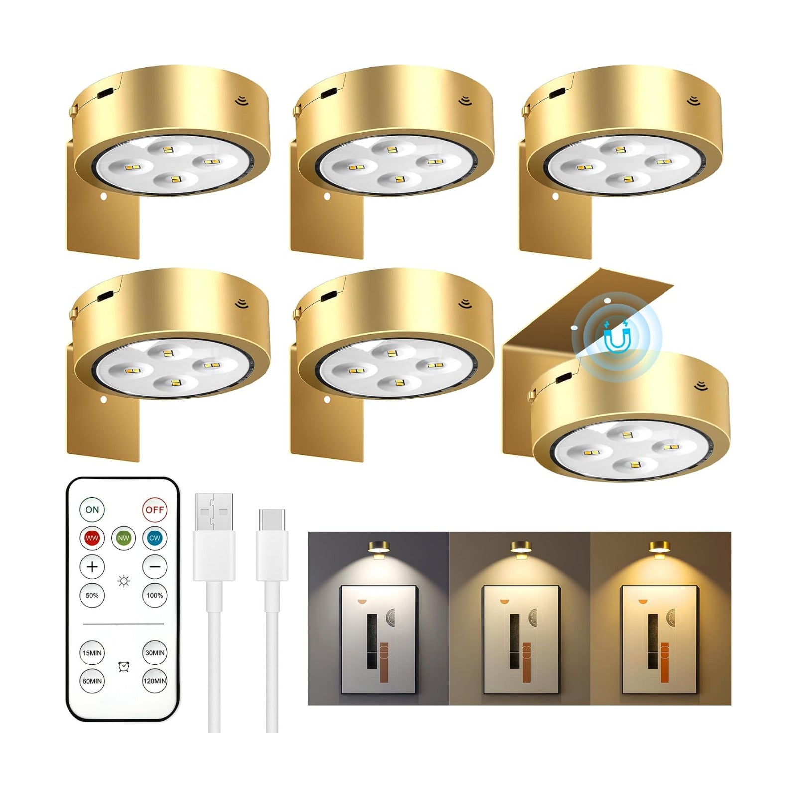 maylit 6 Pack Rechargeable Picture Lights for Wall | Magnetic Wireless Art Lights with Remote, Dimming and Timer for