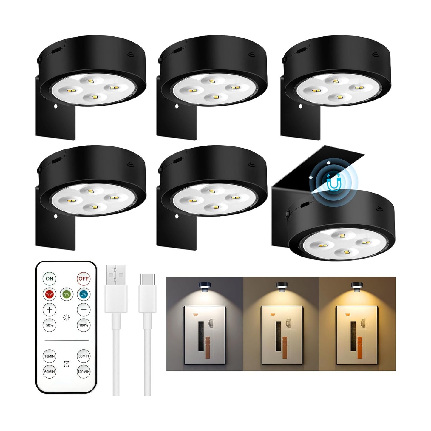 maylit 6 Pack Rechargeable Picture Lights for Wall | Magnetic Wireless Art Lights with Remote, Dimming and Timer for