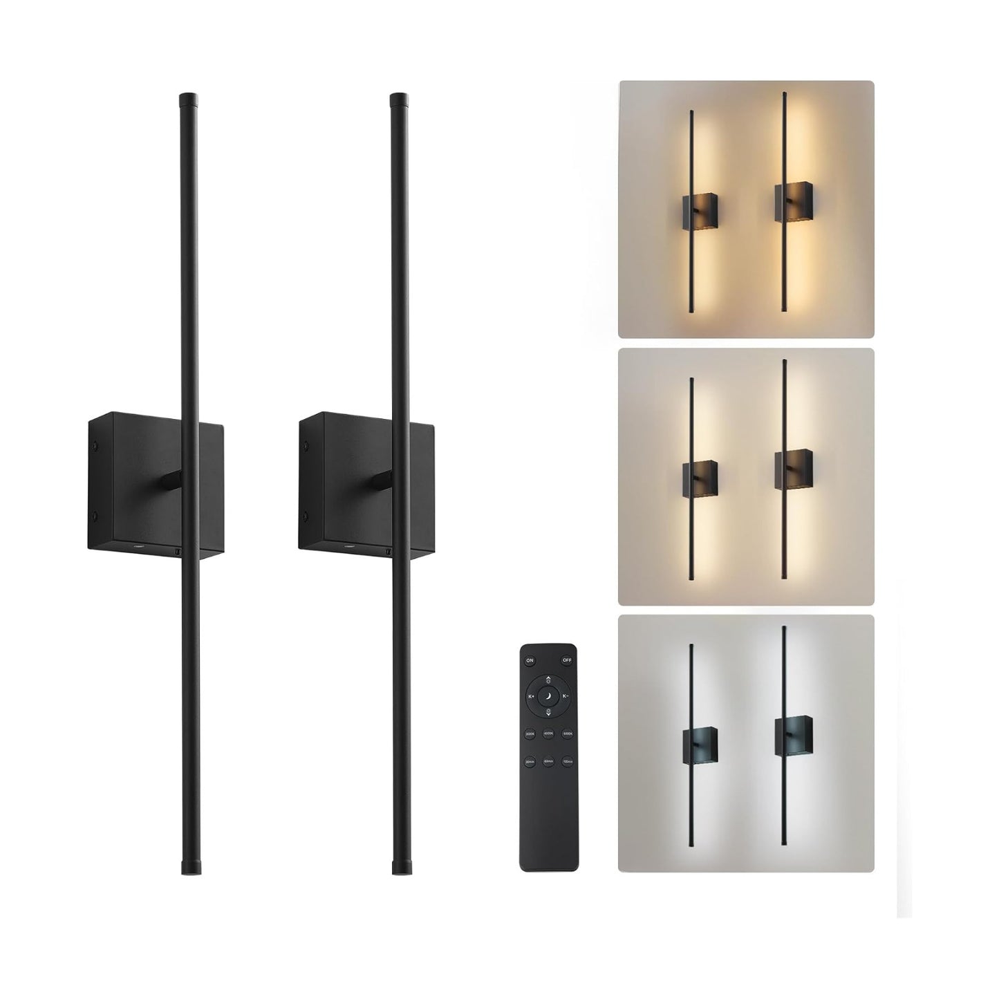 KARTOOSH Battery Operated Wall Sconces Set of 2 Wireless,32.2 Inch Black | Battery Removable, 3000-6000K, Stepless