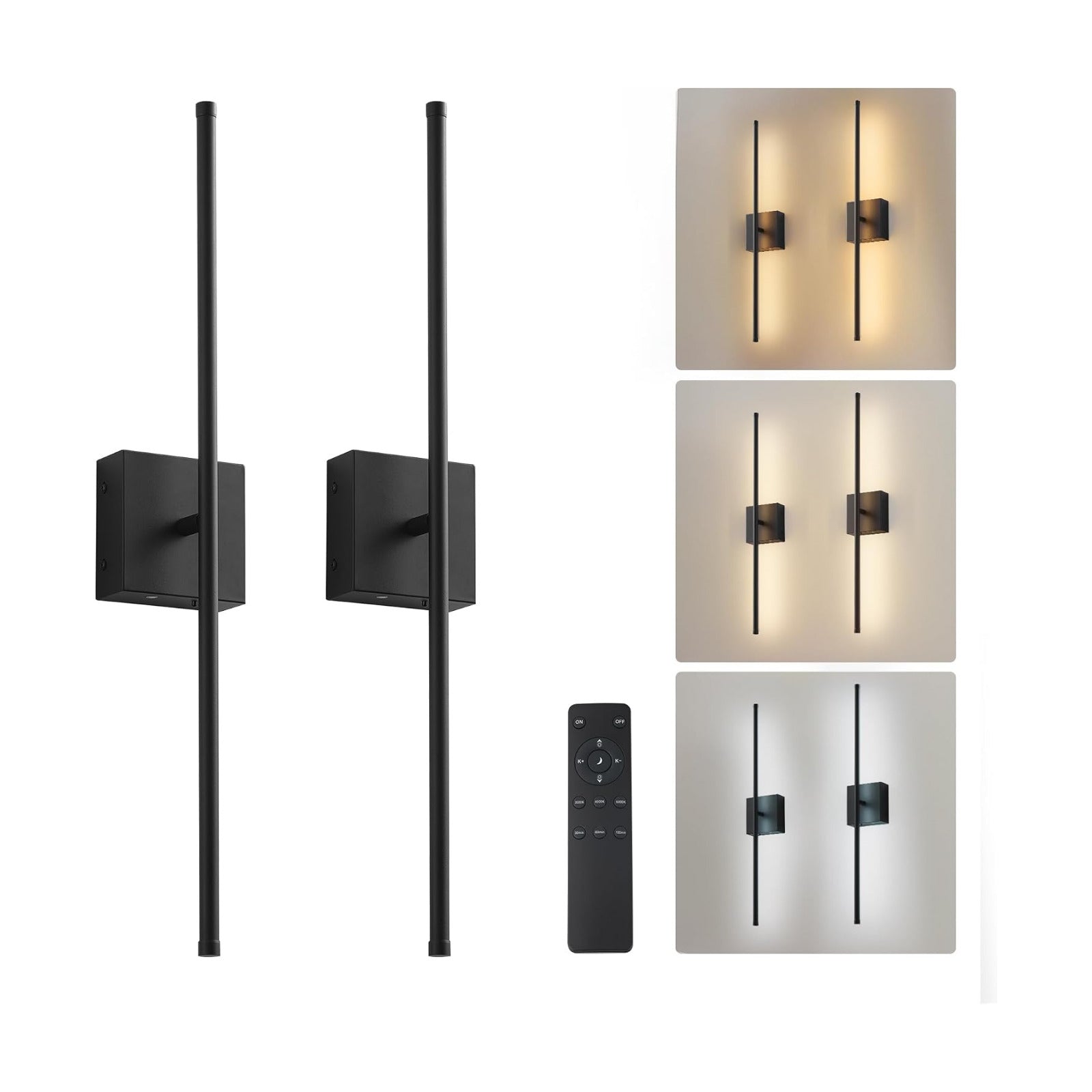 KARTOOSH Battery Operated Wall Sconces Set of 2 Wireless,32.2 Inch Black | Battery Removable, 3000-6000K, Stepless