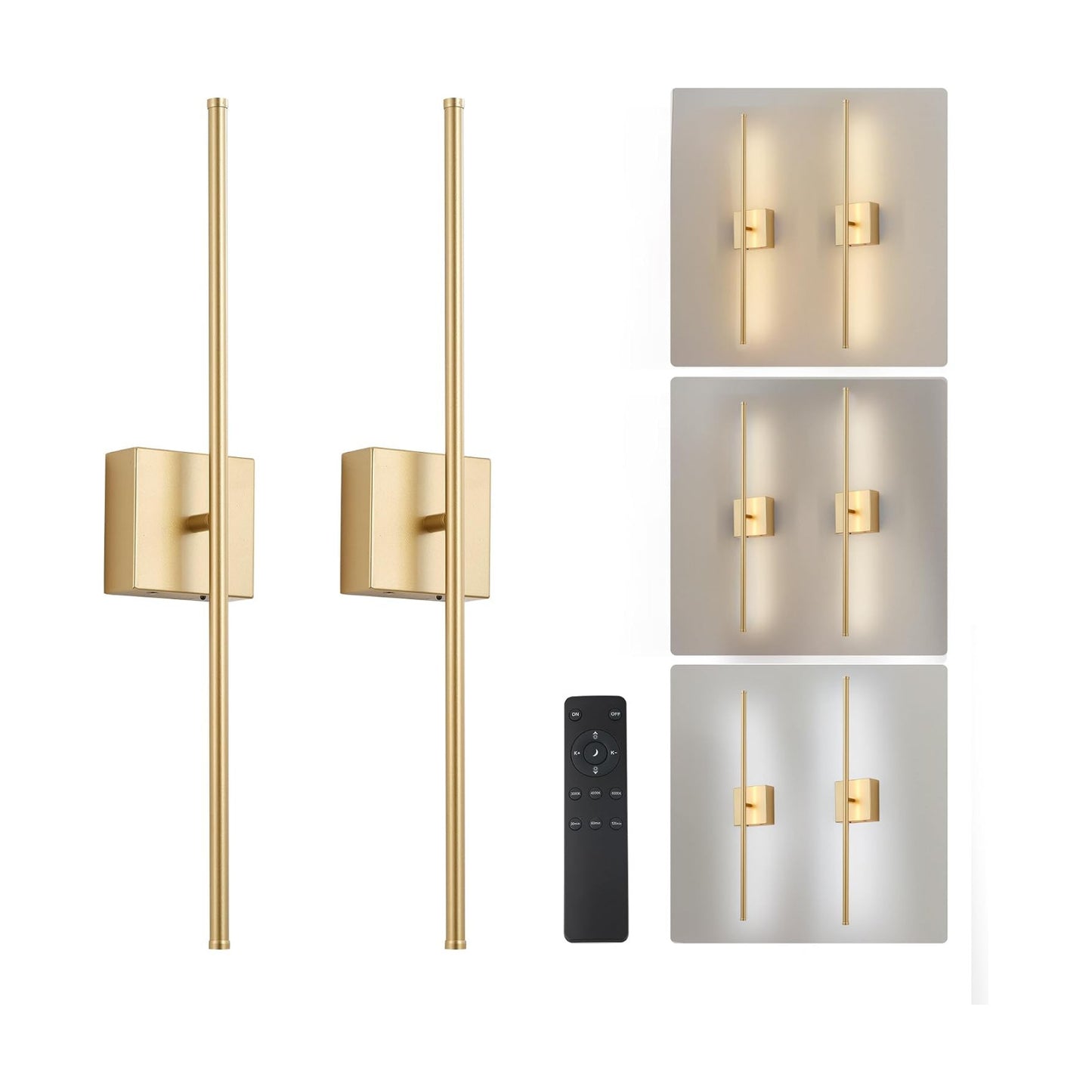 KARTOOSH Battery Operated Wall Sconces Set of 2 Wireless,32.2 Inch Gold | Battery Removable, 3000-6000K, Stepless