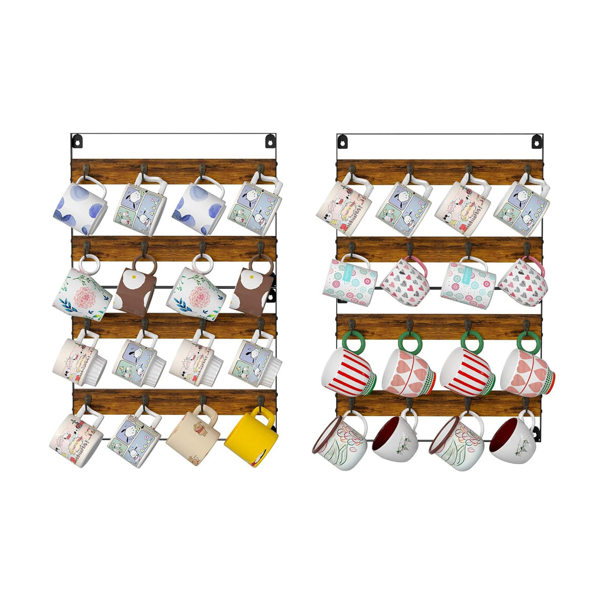 Rustic Wood Coffee Mug Rack - Wall Mount Cup Holder Shelf Storage for Kitchen, Home, Bar, Office (4 Pack, Holds 32 Mugs)