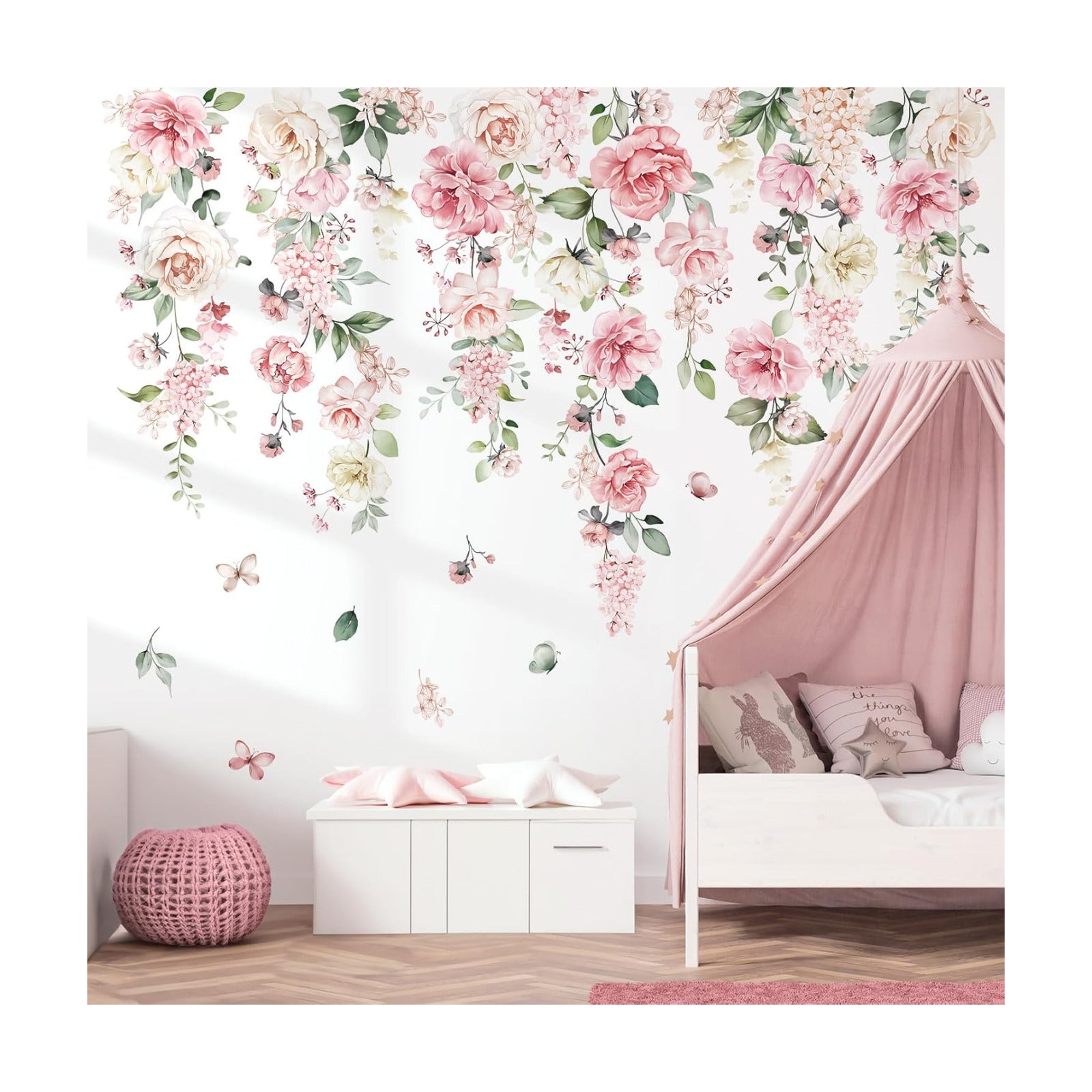 Large Flowers Wall Stickers Hanging Vine Floral Leaves Peel and Stick Wall Art Decals / Pink