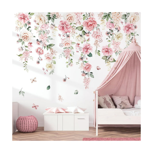 Large Flowers Wall Stickers Hanging Vine Floral Leaves Peel and Stick Wall Art Decals / Pink