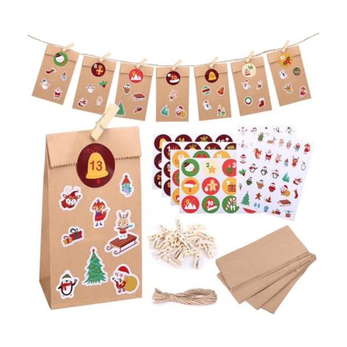 Naler 24 Pcs Christmas Gift Bags, Paper Goodie Bags with Stickers & Clips