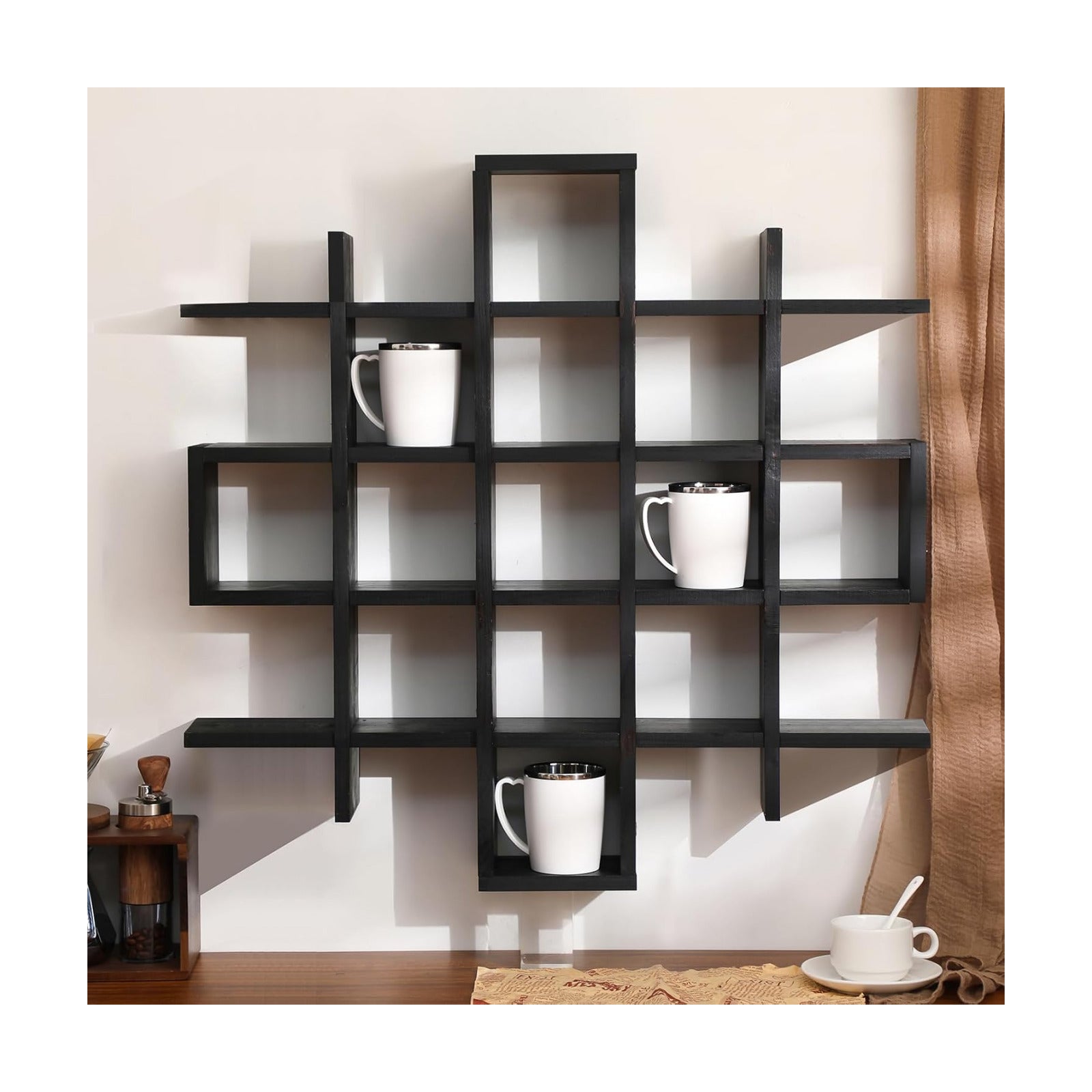 Suzile Mug Display Shelf Wall Mounted,Grid Size 5.1x5.1x3in,Black | Rustic Wood Floating Shadow Box for Coffee Mugs