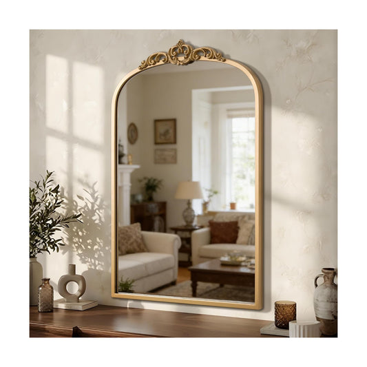 Vintage Mirror Antique Baroque Arched Ornate Traditional Brass Mirror / 30"L x 20"W / Gold / 20 x 30